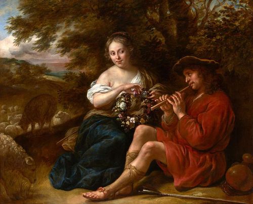 A painting of a woman listening as a man plays the flute.