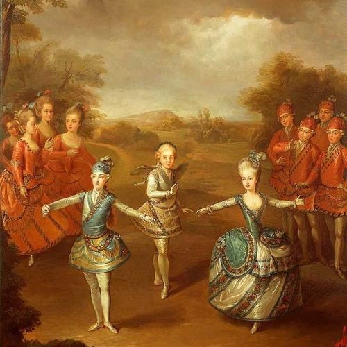 Marie Antoinette tanssii seurueensa kanssa.